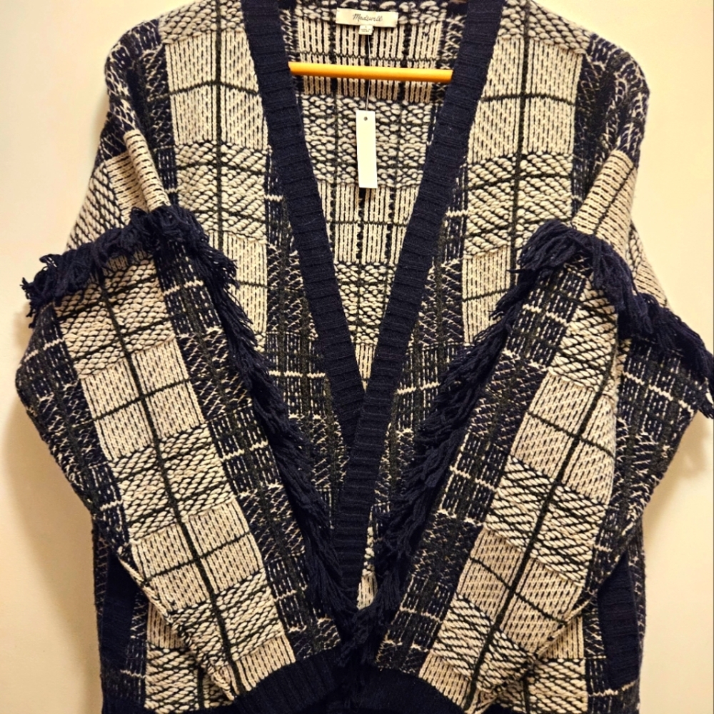 Madewell Women's Navy Plaid Fringe Wool Cardigan Sweater sz Large NWT